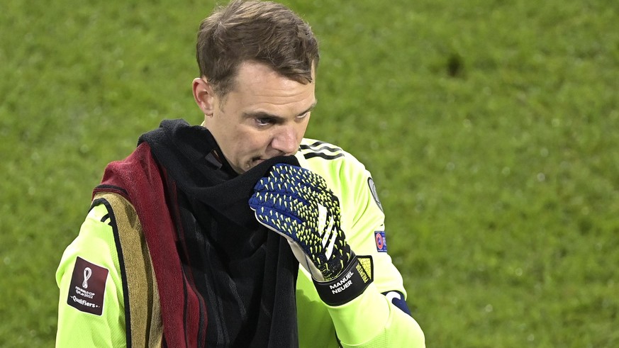 Germany&#039;s goalkeeper Manuel Neuer walks off the pitch at half-time during the World Cup 2022 group J qualifying soccer match between Germany and Iceland in Duisburg, Germany, Thursday, March 25,  ...