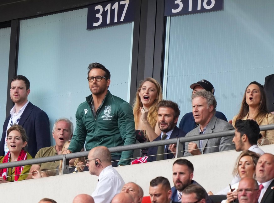 Mandatory Credit: Photo by Sean Ryan/Shutterstock 12948726ch Ryan Reynolds cheers for Wrexham AFC, with Blake Lively, David Beckham and Will Ferrell Wrexham v Bromley, FA Trophy, Final, Football, Wemb ...