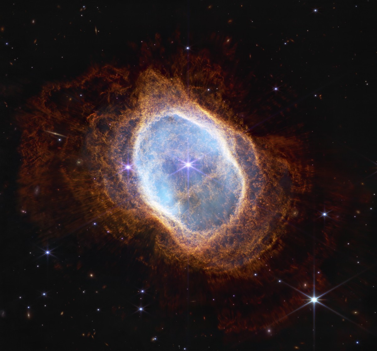 This image released by NASA on Tuesday, July 12, 2022, shows the bright star at the center of NGC 3132 for the first time in near-infrared light. (NASA, ESA, CSA, STScI via AP)