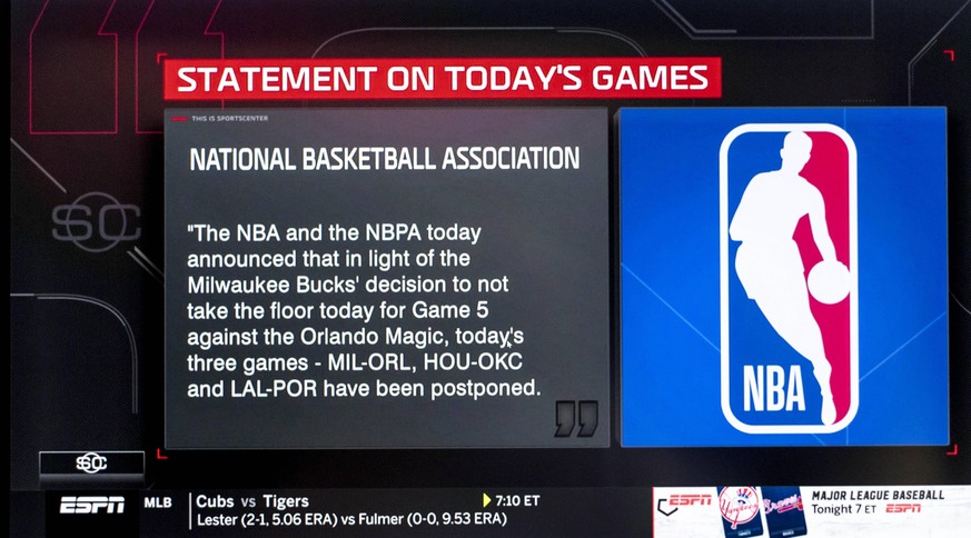 August 26, 2020, Orlando, Florida, USA - A screen grab from ESPN s coverage of the Milwaukee Bucks refusing to play today s scheduled playoff game against the Orlando Magic. After a team meeting, the  ...