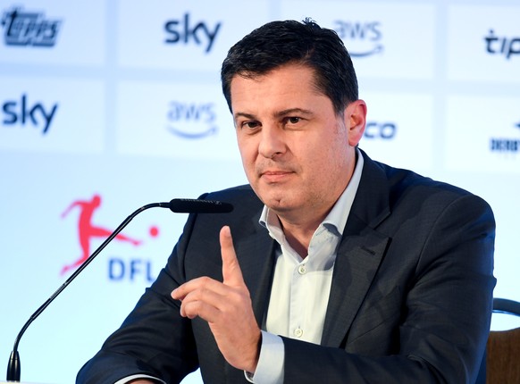 Deutsche Fu?ball Liga (DFL) CEO Christian Seifert addresses a news conference following a general assembly of the German Football League DFL in Frankfurt, Germany March 16, 2020, to decide on COVID-19 ...