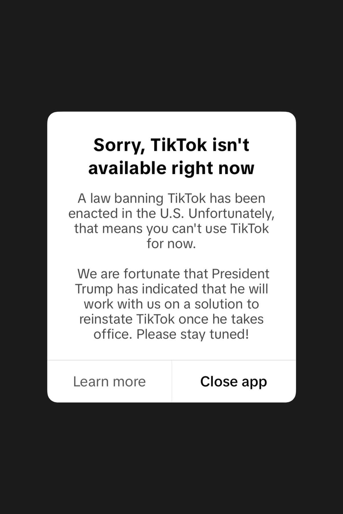 This screenshot from a cell phone displays a message from the TikTok app reading &quot;Sorry, TikTok isn&#039;t available right now&quot; on Saturday, Jan. 18, 2025, in San Bruno, Calif. (AP Photo/Ste ...