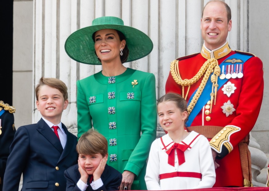 LONDON, ENGLAND - JUNE 17: Prince George of Wales, Prince Louis of Wales, Catherine, Princess of Wales, Princess Charlotte of Wales, Prince William of Wales on the balcony during Trooping the Colour o ...