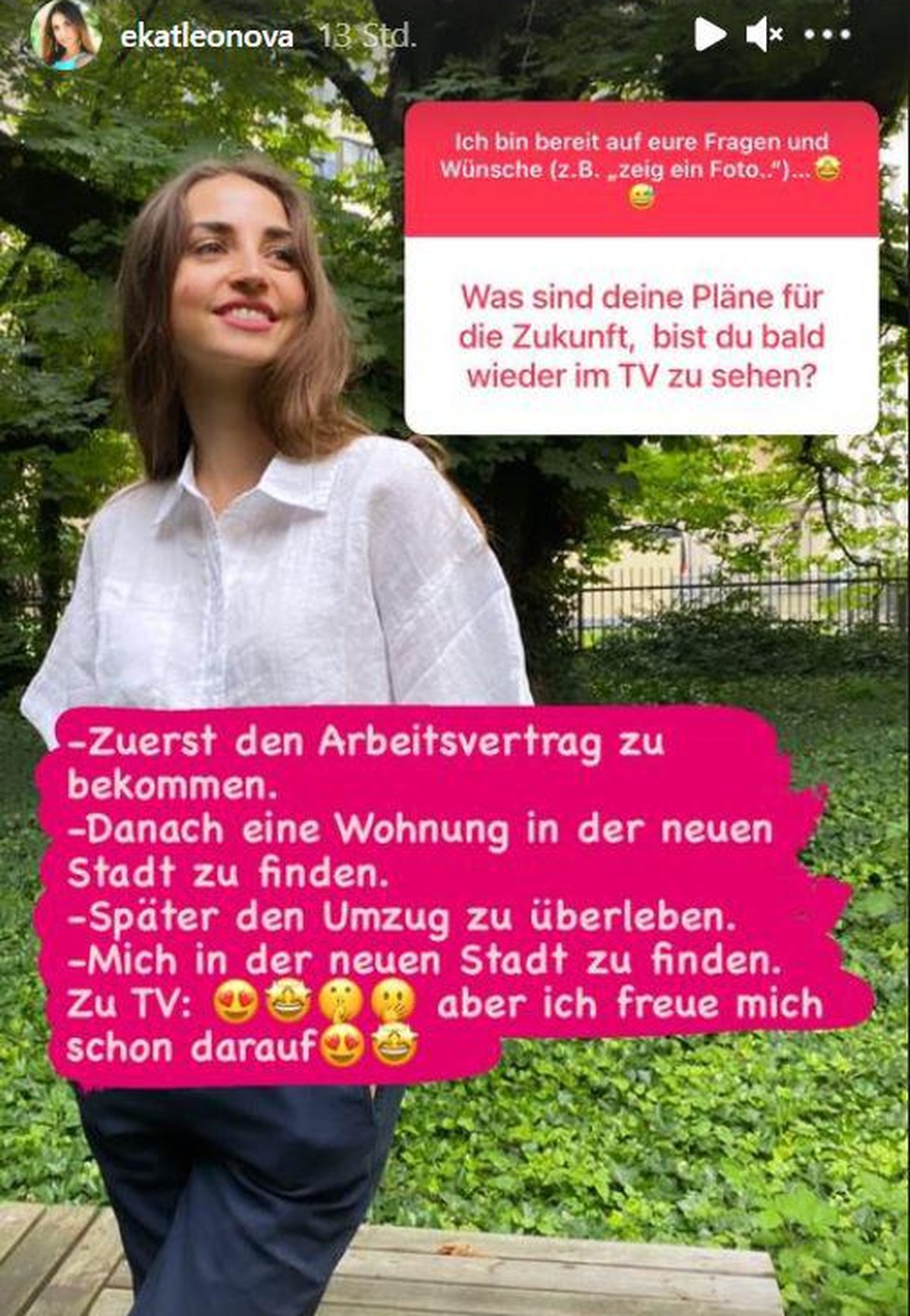 Ekaterina Leonova wird künftig auch wieder im TV zu sehen sein, wie sie hier schreibt.