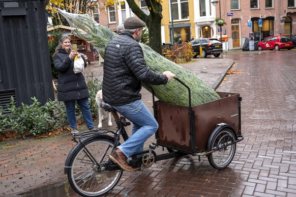 2021-11-28 13:09:23 AMSTERDAM - Kunden haben einen Weihnachtsbaum gekauft. Der Weihnachtsbaum kann schon lange vor Sinterklaas ins Haus geholt werden. ANP EVERT ELZINGA
