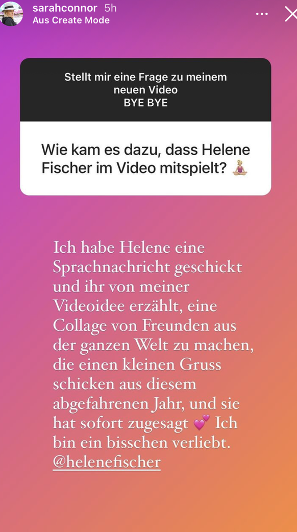 Sarah Connor beantwortet auf Instagram eine Frage zur Zusammenarbeit mit Helene Fischer.