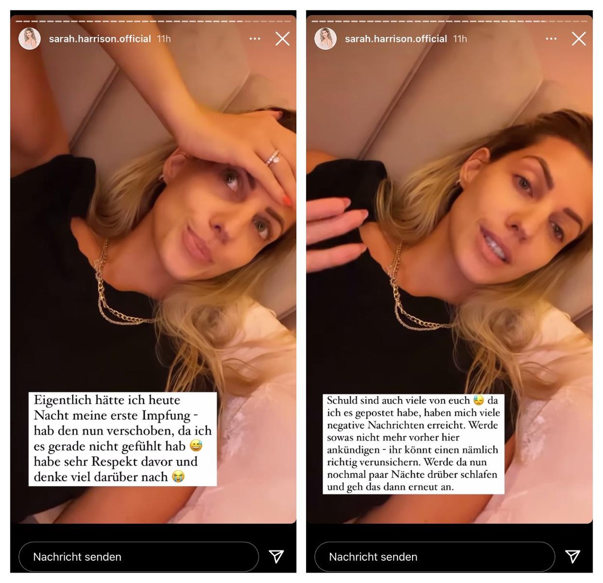 Sarah Harrison erklärt in ihrer Instagram-Story, warum sie sich umentschieden hat.
