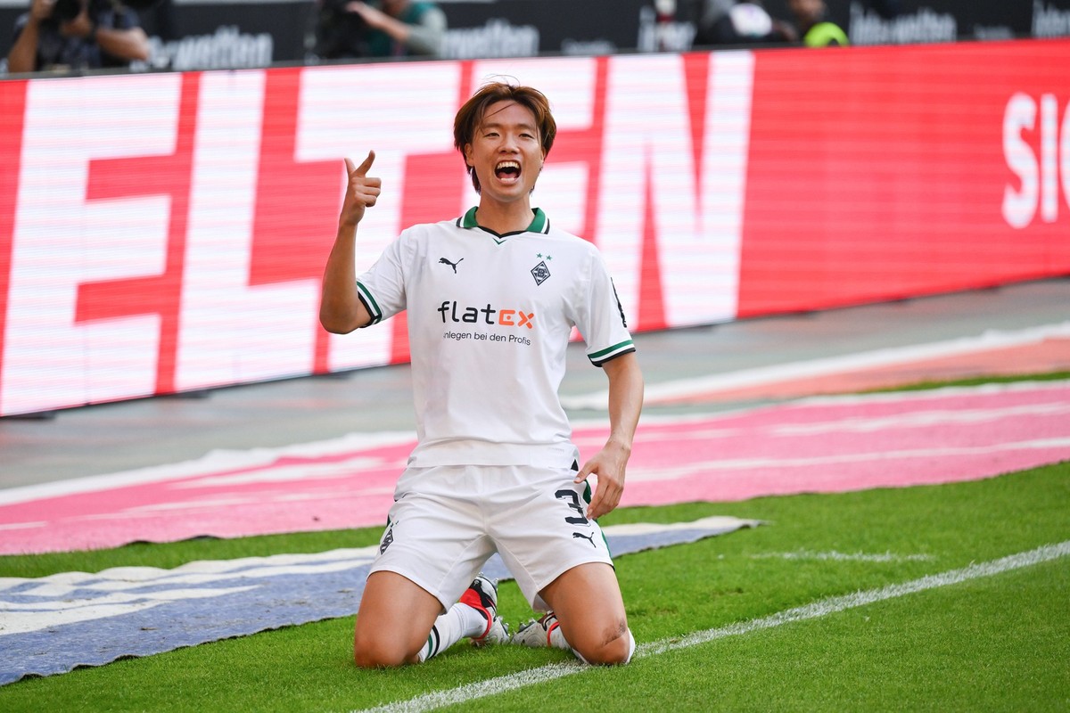 Jubel 1:0 Ko Itakura Borussia Moenchengladbach 02.09.2023, Fussball GER, Saison 2023/2024, 1. Bundesliga, 3. Spieltag, Borussia M�nchengladbach - FC Bayern M�nchen Moenchengladbach Borussia Park Nordr ...