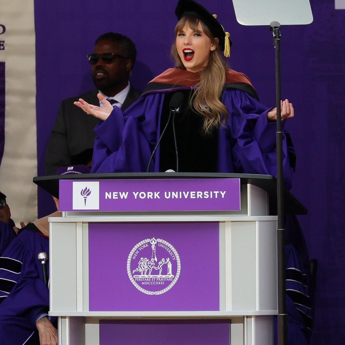 NEW YORK, NEW YORK - MAY 18: Taylor Swift Delivers New York University 2022 Commencement Address at Yankee Stadium on May 18, 2022 in New York City. (Photo by Dia Dipasupil/Getty Images)