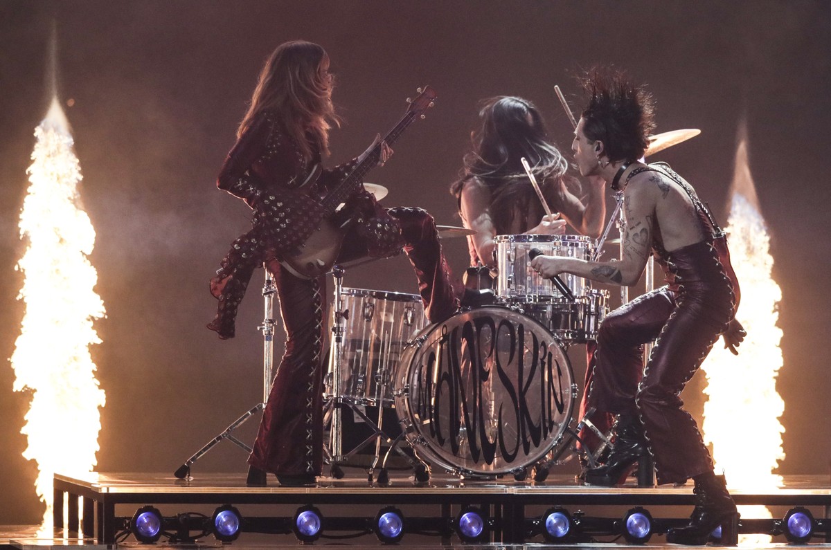 Maneskin from Italy performs Zitti E Buoni at the Grand Final of the Eurovision Song Contest at Ahoy arena in Rotterdam, Netherlands, Saturday, May 22, 2021. (AP Photo/Peter Dejong)