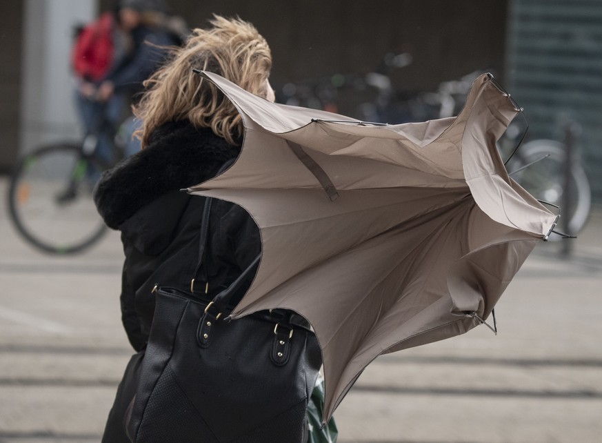 Eine kräftige Böe hat den Regenschirm dieser Passantin vor dem Dchauspiel Frankfurt ruiniert.