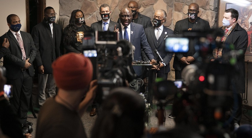 Attorney Ben Crump speaks at a news conference at Greater Friendship Missionary Baptist church, Sunday March 28, 2021, in Minneapolis. Opening statements are set for Monday in the trial of a former Mi ...
