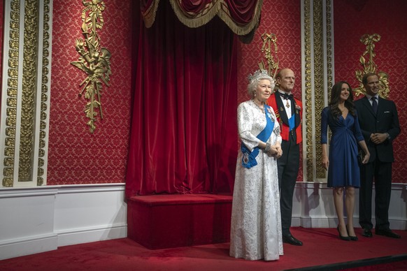 Duke and Duchess of Sussex statement. The empty space left next to the figures of Queen Elizabeth II, the Duke of Edinburgh, and the Duke and Duchess of Cambridge, as Madame Tussauds London moved its  ...