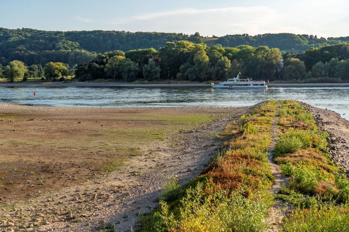 Sichtbares und ungewöhnliches Niedrigwasser: der Rhein bei Bad Honnef Rhöndorf