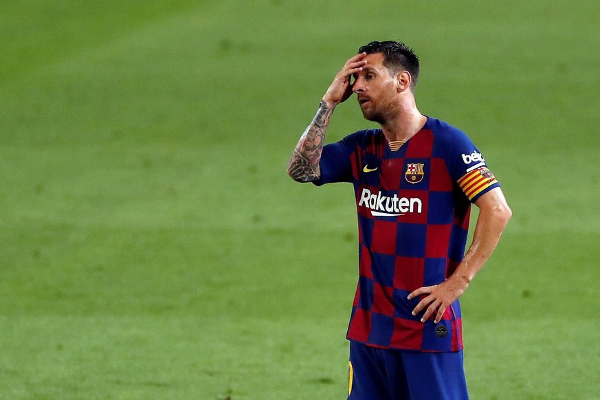 FC Barcelona, Barca s Lionel Messi reacts after their Spanish LaLiga soccer match between FC Barcelona and CA Osasuna held at Camp Nou Stadium, in Barcelona, Spain, 16 july 2020. FC Barcelona vs CA Os ...