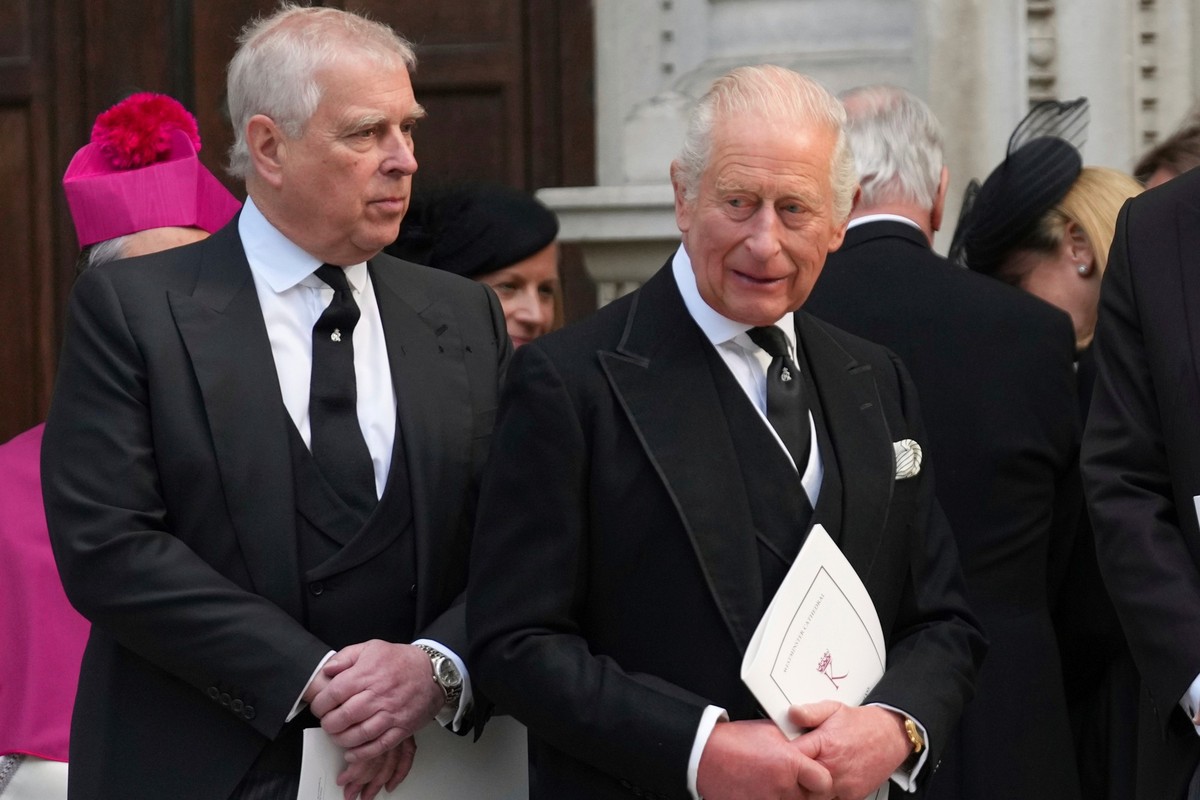 FILE - Britain&#039;s Prince Andrew, left, and Britain&#039;s King Charles III leave after the Requiem Mass service for the Duchess of Kent at Westminster Cathedral in London, Tuesday, Sept. 16, 2025. ...