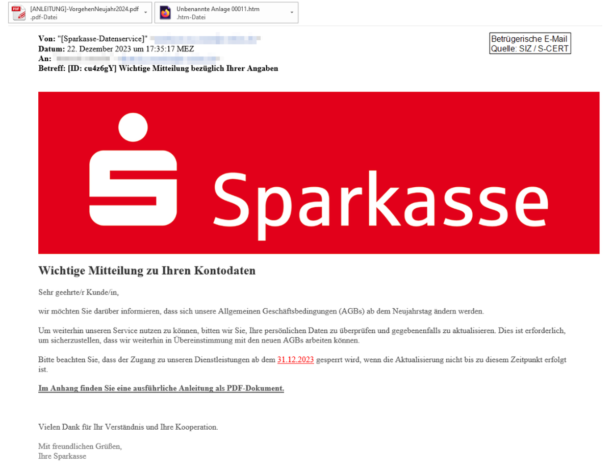 In der sich im Umlauf befindlichen Phishing-Mail wird eine besonders kurze Frist genannt.