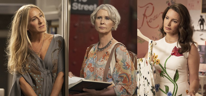 This combination of photos released by HBO Max shows, from left, Sarah Jessica Parker, Cynthia Nixon and Kristin Davis in scenes from &quot;And Just Like That.&quot; (Craig Blankenhorn/HBO Max via AP)