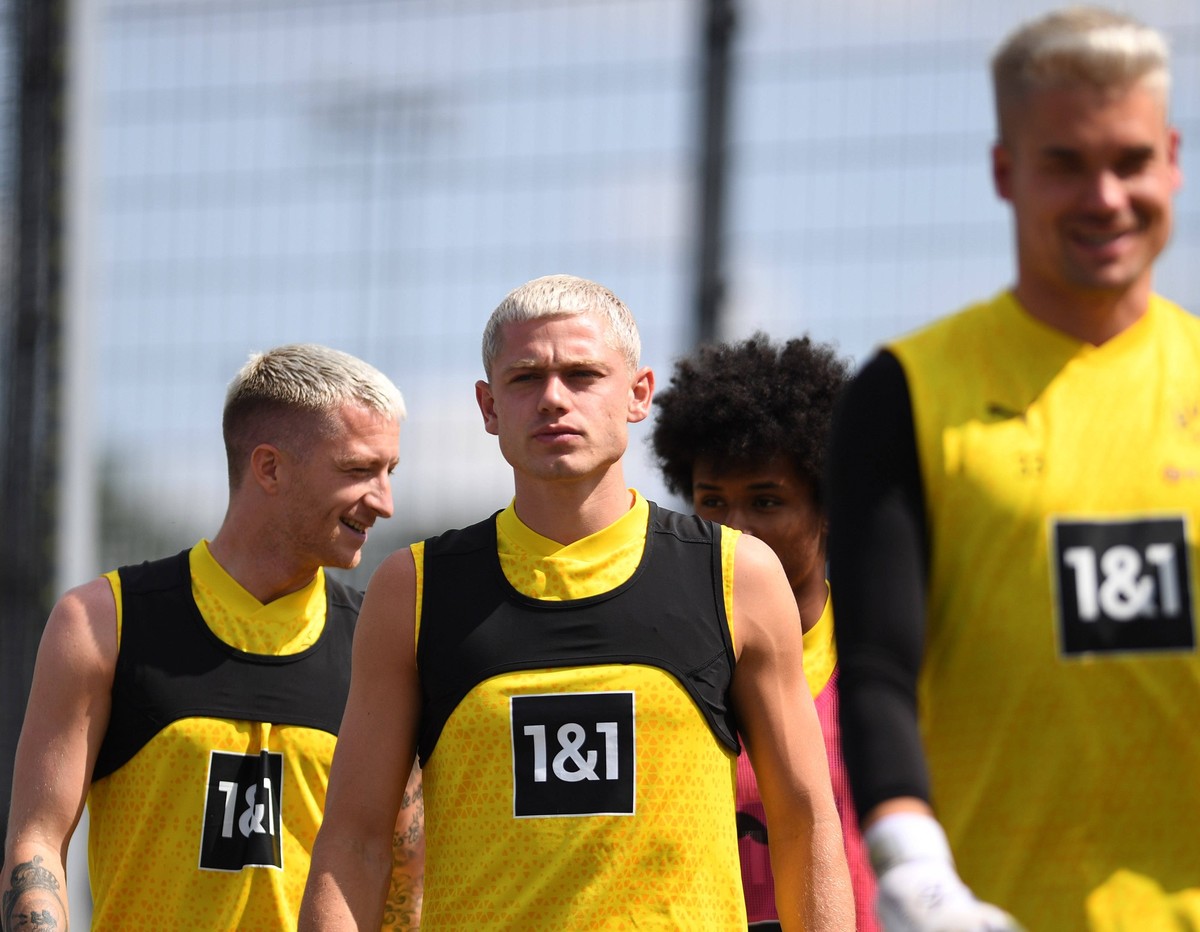 18.07.2023, Dortmund, Germany, BVB-Trainingsgelaende Hohenbuschei, BV Borussia Dortmund - Training - 18.07.2023, Marco Reus Borussia Dortmund, Julian Ryerson Borussia Dortmund und Torwart Alexander Me ...