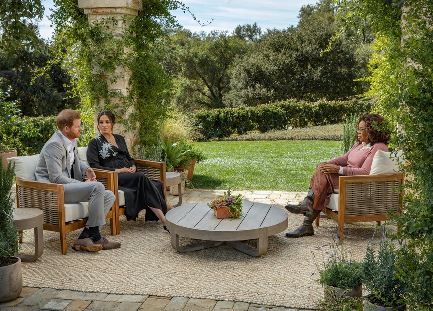 UNSPECIFIED - UNSPECIFIED: In this handout image provided by Harpo Productions and released on March 5, 2021, Oprah Winfrey interviews Prince Harry and Meghan Markle on A CBS Primetime Special premier ...