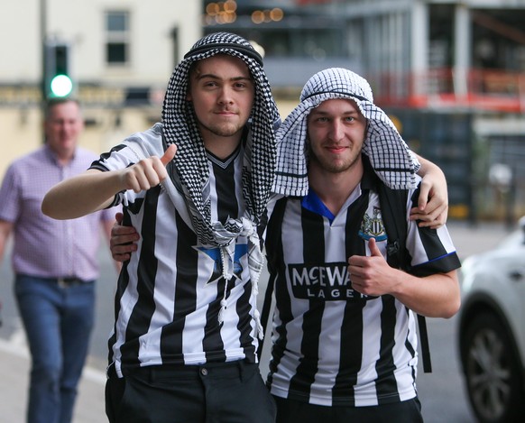 Newcastle Fans don Saudi Arabian head scales ahead of the takeover Scenes at St. James&#039;s Park, Newcastle as news of a takeover emerges on Thursday 7th October 2021. (Photo by Michael Driver/MI Ne ...