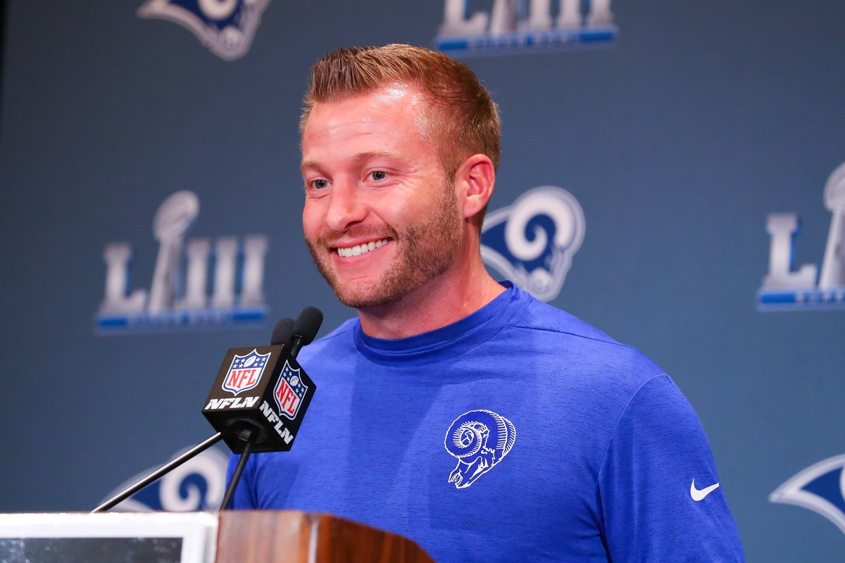 ATLANTA, GA - JANUARY 31: Los Angeles Rams head coach Sean McVay answers questions during the Los Angeles Rams press conference PK Pressekonferenz on January 31, 2019 at the Atlanta Marriott Buckhead  ...