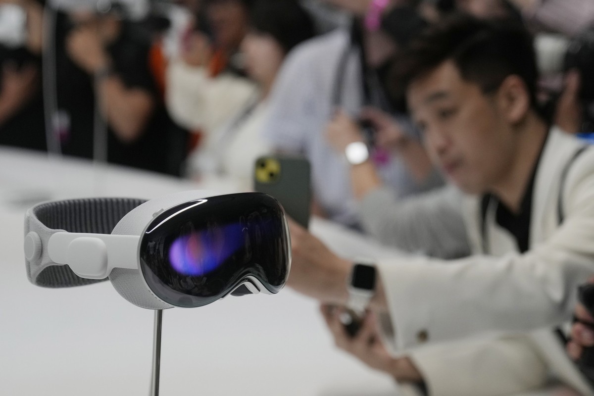 File - The Apple Vision Pro headset is displayed in a showroom on the Apple campus in Cupertino, Calif., after it&#039;s introduction at the company&#039;s annual developers conference, Monday, June 5 ...