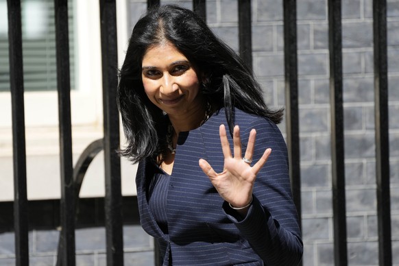 Hon Suella Braverman, attorney General, arrives for a cabinet meeting at 10 Downing Street in London, Thursday, July 7, 2022. (AP Photo/Frank Augstein)