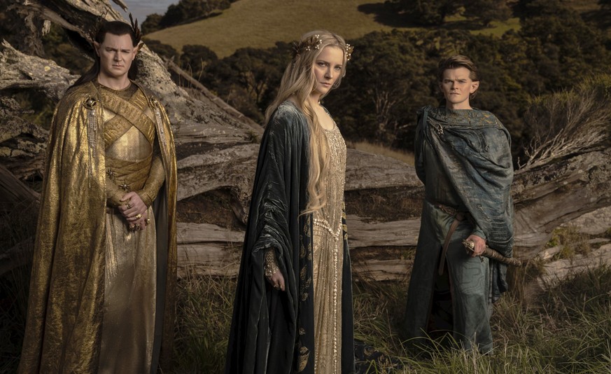 This image released by Amazon Studios shows Benjamin Walker, from left, Morfydd Clark and Robert Aramayo from &quot;The Lord of the Rings: The Rings of Power.&quot; (Amazon Studios via AP)