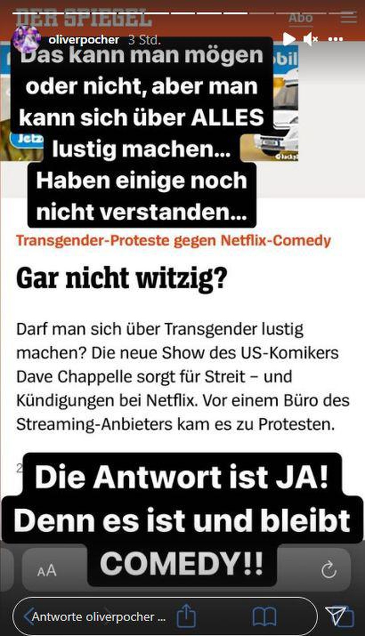Man kann sich über alles lustig machen, meint Pocher bei Instagram.