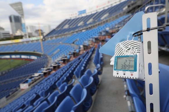 A carbon dioxide (CO2) emissions monitoring sensor is installed to test the feasibility of balancing infection prevention measures against the new coronavirus at the stadium of Japanese professional b ...