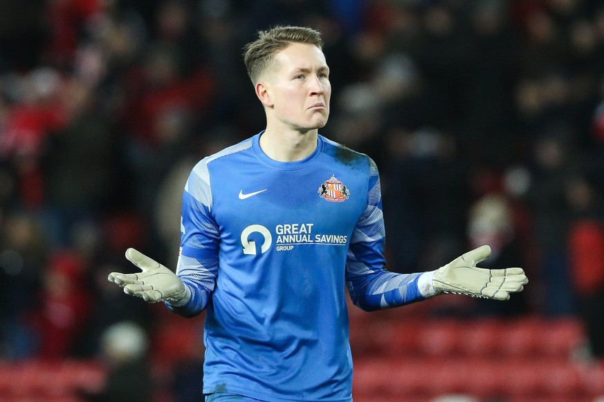 Ron-Thorben Hoffmann of Sunderland reacts during the Sky Bet League 1 match between Sunderland and Morecambe at the Stadium Of Light, Sunderland on Tuesday 7th December 2021. (Photo by Will Matthews/M ...