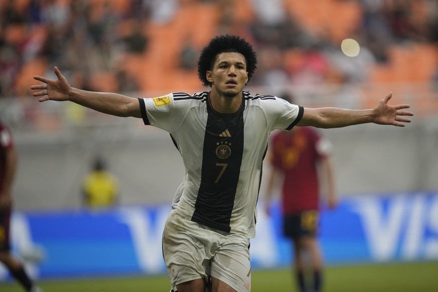 Germany&#039;s Paris Brunner celebrates after scoring a goal from a penalty kick during the FIFA U-17 World Cup quarterfinal soccer match between Germany and Spain at Jakarta international Stadium in  ...