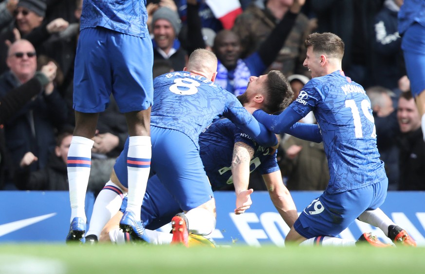 Olivier Giroud C celebrates scoring the first Chelsea goal 1-0 at the Chelsea v Tottenham Hotspur English Premier League game at Stamford Bridge, London, UK on February 22, 2020. **Editorial use only, ...