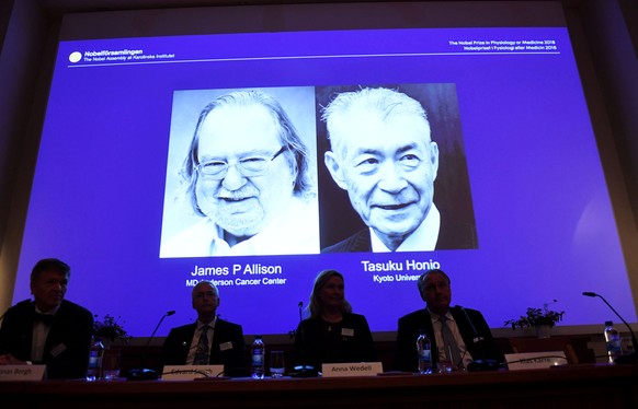 The Nobel Prize laureates for Medicine or Physiology 2018 are James P. Allison, U.S. and Tasuku Honjo, Japan presented at the Karolinska Institute in Stockholm, Sweden October 1, 2018. TT News Agency/ ...