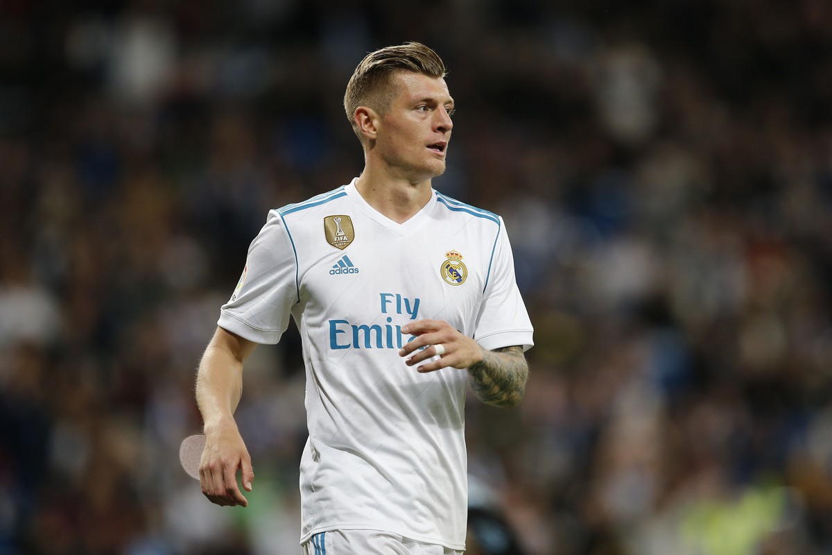Real Madrid's Toni Kroos reacts after scoring his side's sixth goal during a Spanish La Liga soccer match between Real Madrid and Celta at the Santiago Bernabeu stadium in Madrid, Spain, Sat ...