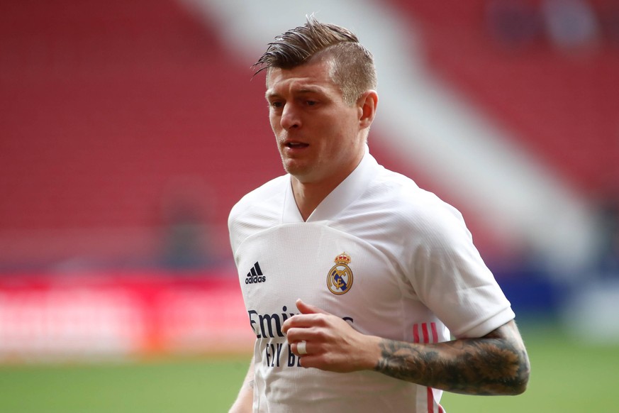 March 7, 2021, MADRID, MADRID, SPAIN: Toni Kroos of Real Madrid looks on during the spanish league, La Liga Santander, football match played between Atletico de Madrid and Real Madrid at Wanda Metropo ...