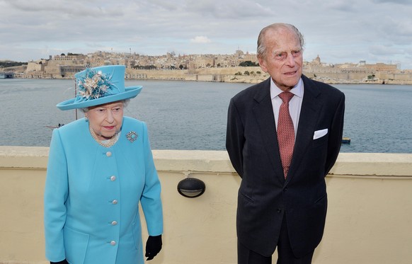 VALLETTA, MALTA - NOVEMBER 28: Queen Elizabeth II and Prince Philip, Duke of Edinburgh after looking at the view from the Kalkara heritage site in Valletta Harbour on November 28, 2015 in Valletta, Ma ...