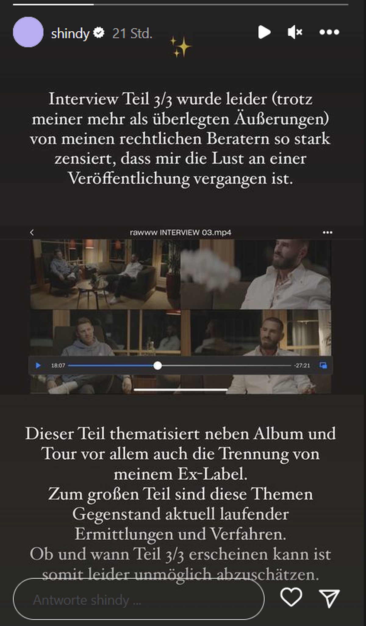 Shindys Statement zu seinem Interview