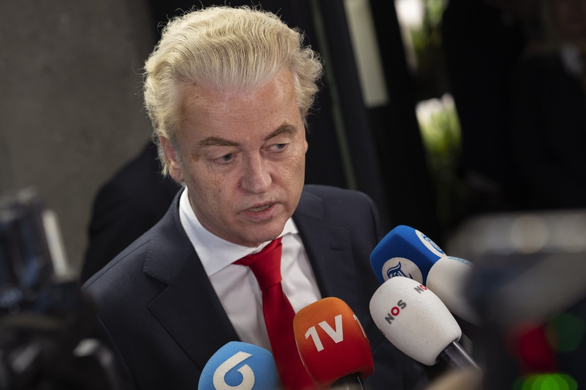 FILE - Geert Wilders, leader of the far-right party PVV, or Party for Freedom, talks to the media, two days after winning the most votes in a general election, in The Hague, Netherlands, on Nov. 24, 2 ...