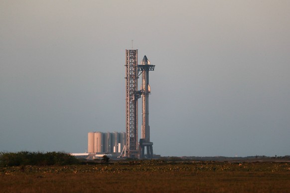 SpaceX Starship Is Stacked For Launch Starship 24 and Booster 7 are seen stacked on the Orbital Launch Mount in preparation for test flight on April 16, 2023, at SpaceX s South Texas facility near Bro ...