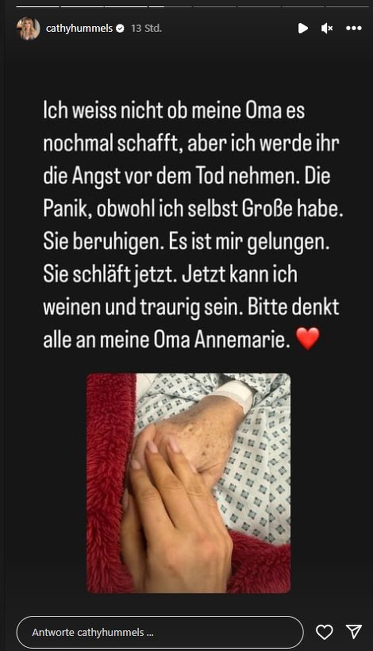 Cathy Hummels ist in großer Sorge um ihre Großmutter.