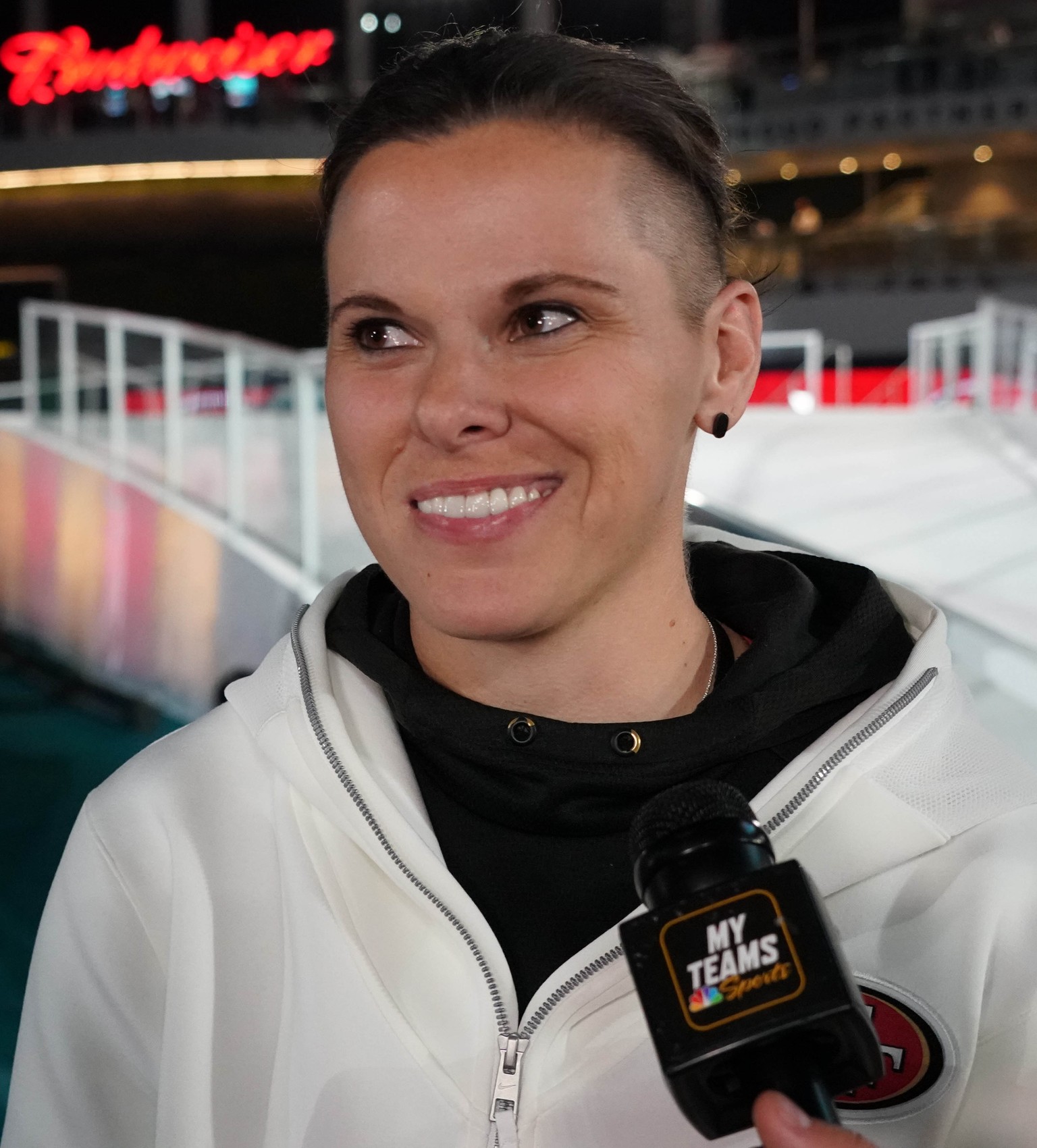 Jan 27, 2020; Miami, FL, USA; San Francisco 49ers offensive assistant coach Katie Sowers is interviewed during Super Bowl LIV Opening Night at Marlins Park. Mandatory Credit: Kirby Lee-USA TODAY Sport ...