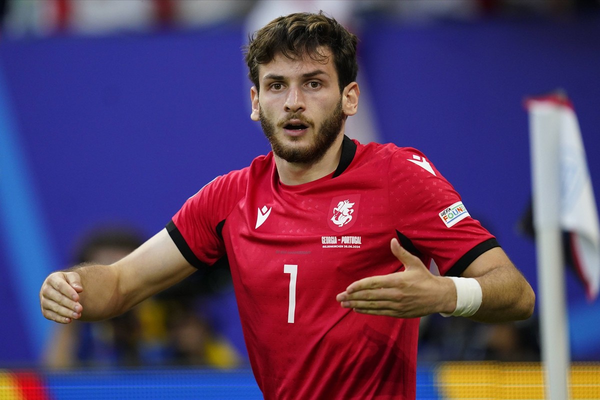 GER: Ukraine and Belgium. UEFA EURO, EM, Europameisterschaft,Fussball 2024 Khvicha Kvaratskhelia of Georgia celebrates after scoring the opening goal during the UEFA Euro 2024 match between Ukraine an ...