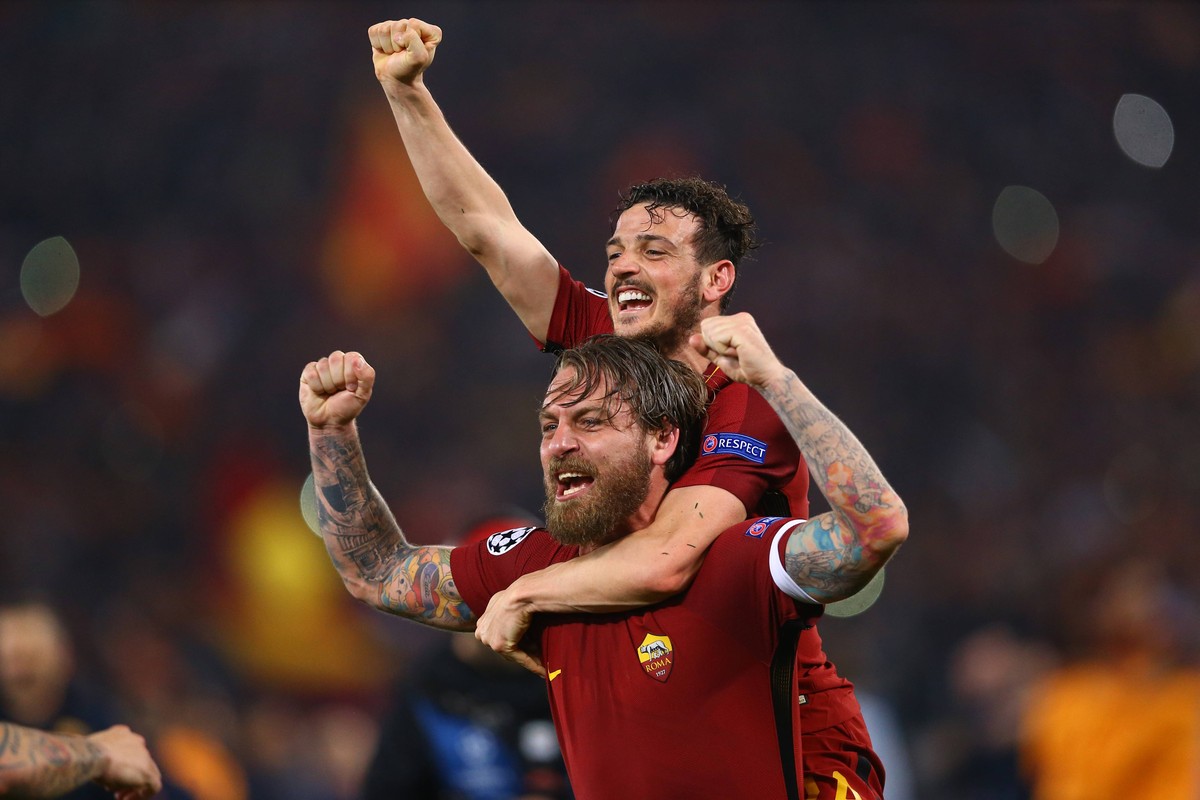 April 10, 2018 - Rome, Italy - AS Roma v FC Barcelona Barca : UEFA Champions League quarter-finals 2nd leg.Alessandro Florenzi and Daniele De Rossi of Roma celebrate at Olimpico Stadium in Rome, Italy ...