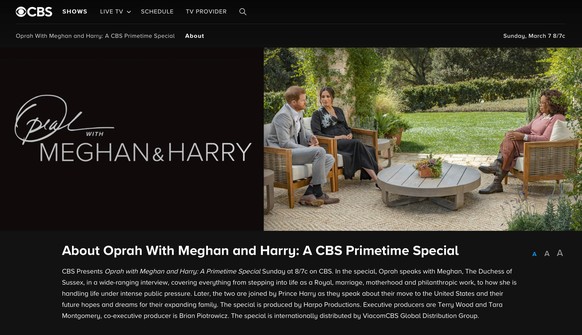 Montecito, California, USA: A website page promoting the United Kingdom s PRINCE HARRY and MEGHAN, the Duke and Duchess of Sussex, interview with OPRAH WINFREY, Oprah with Meghan and Harry: A Primetim ...