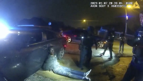 The image from video released on Jan. 27, 2023, by the City of Memphis, shows Tyre Nichols leaning against a car after a brutal attack by five Memphis police officers on Jan. 7, 2023, in Memphis, Tenn ...