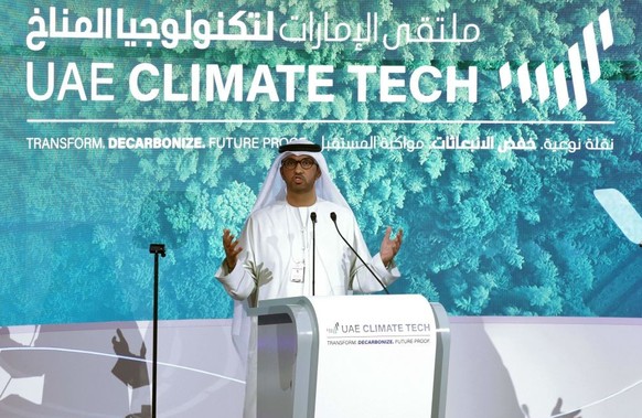 Sultan al-Jaber, chief executive of the UAE&#039;s Abu Dhabi National Oil Company (ADNOC) and president of this year&#039;s COP28 climate, talks during the &quot;UAE Climate Tech&quot; conference in A ...
