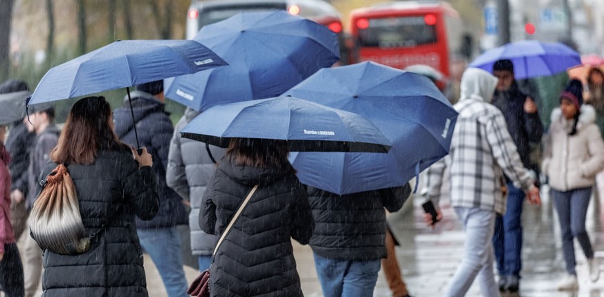 05.11.2023, Hamburg: Kunden gehen bei Regen am Verkaufsoffenen Sonntag mit ihren Regenschirmen durch die Hamburger Innenstadt. Foto: Markus Scholz/dpa +++ dpa-Bildfunk +++