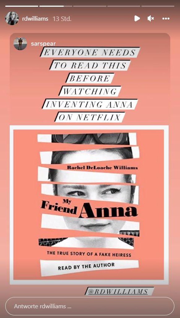 Ein Fan empfiehlt bei Instagram, vor dem Streamen der Netflix-Serie das Buch "My Friend Anna" zu lesen.